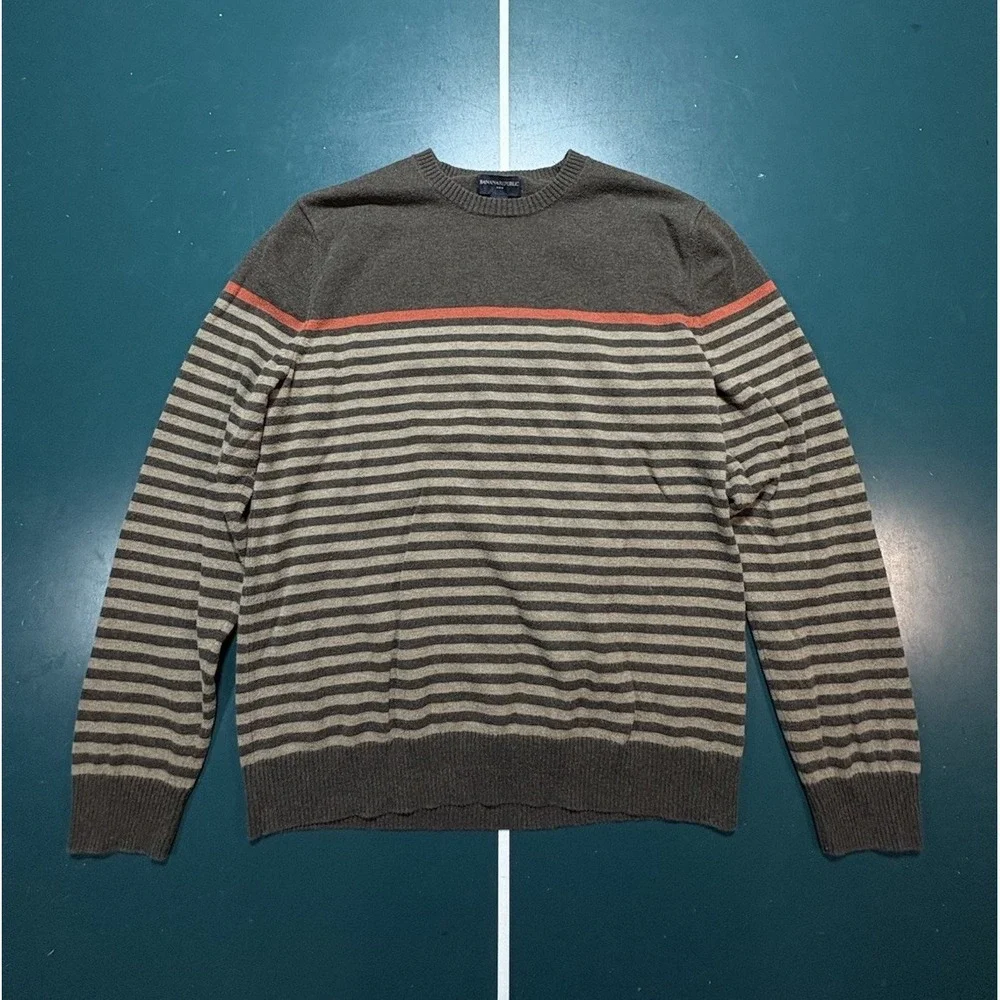 Banana Republic Sweater Men's Medium‎ Brown Striped Cotton Crewneck Pullover